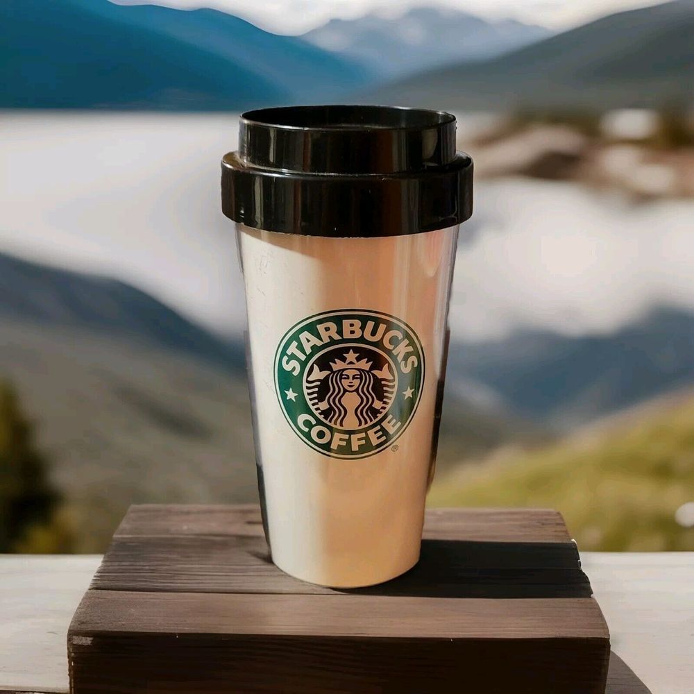 Vintage‎ Starbucks Thermo Serv Travel Tumbler Cup White Mermaid Logo With Lid